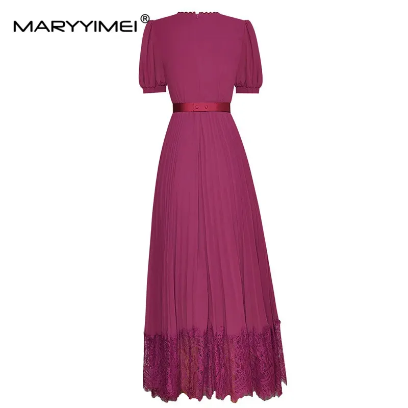 MARYYIMEI Fashion Designer dress Summer Women Dress Short sleeve Sashes Applique Sequin Embroidery Lace Purple pleated Dresses