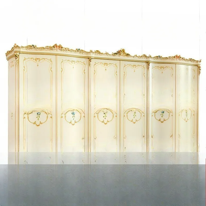 Luxury solid wood carving flower wardrobe, villa European court, painted six-door large wardrobe large apartment storage