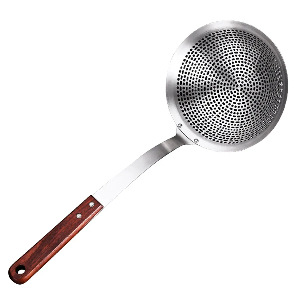 Cuchara espumadera de acero inoxidable con mango de madera natural, cuchara coladora de aceite para Hot Pot, patatas fritas, huevos escalfados, verduras y wontons