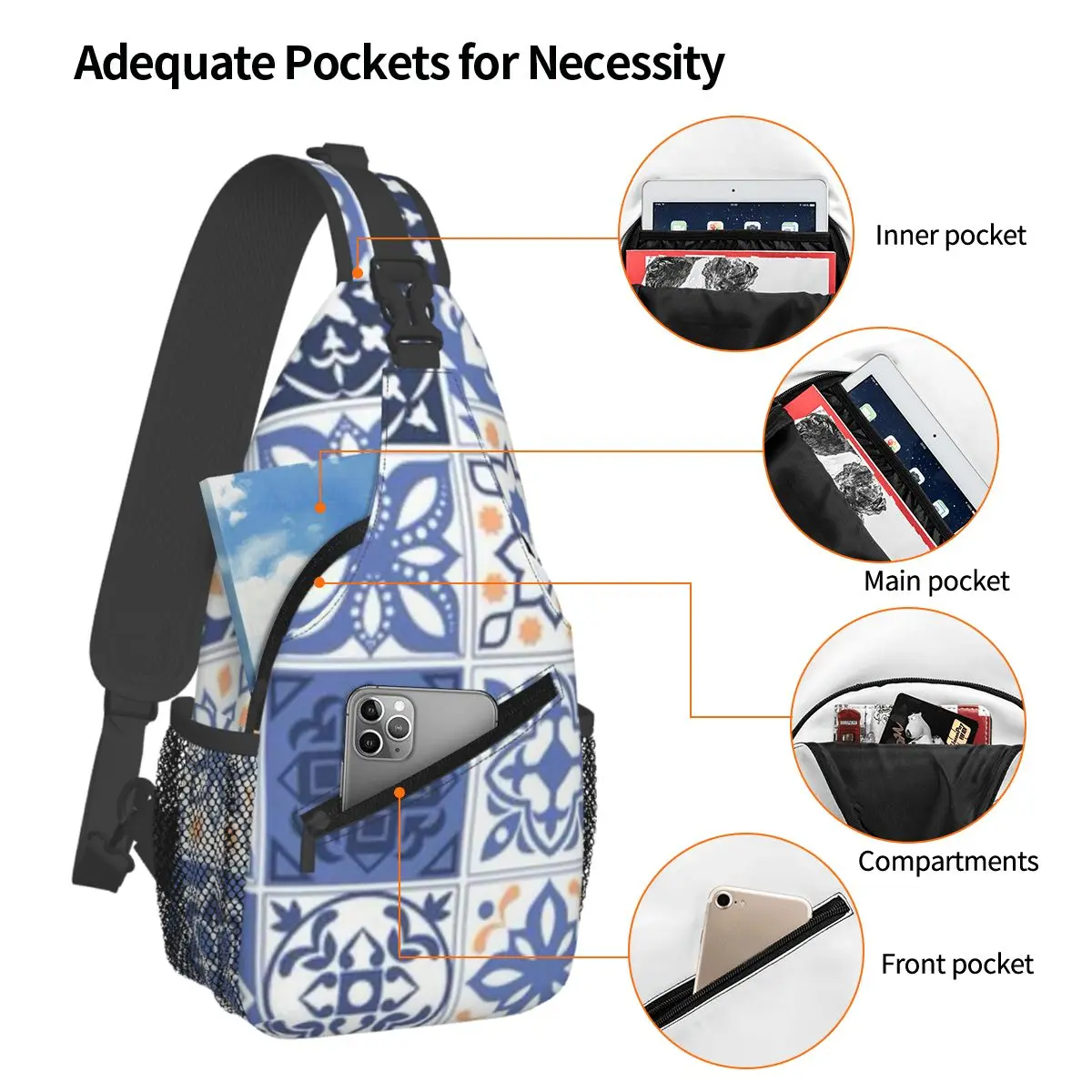 Blue Portuguese Tile Portugal Azulejo Flower Chest Bag Men Sling Crossbody Backpack Chest Bag Traveling Daypack Shoulder Bag