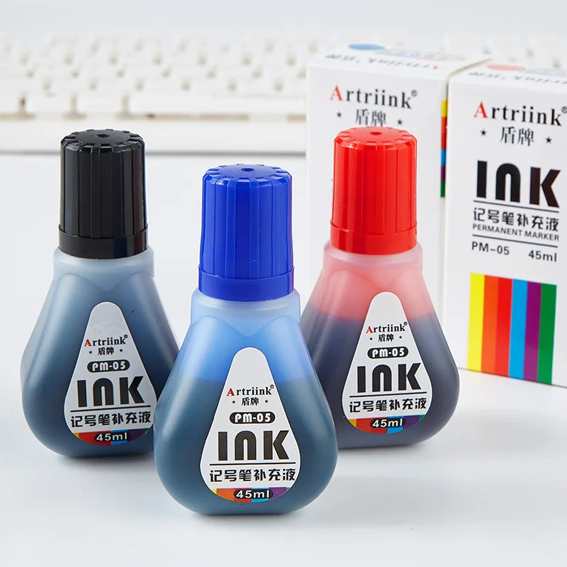 

45ml Permanent Markers Ink Quick-Dry Waterproof Black Red Blue Oil-Based Filler Liquid Non-eraserable for Pens Marker Ink Bottle