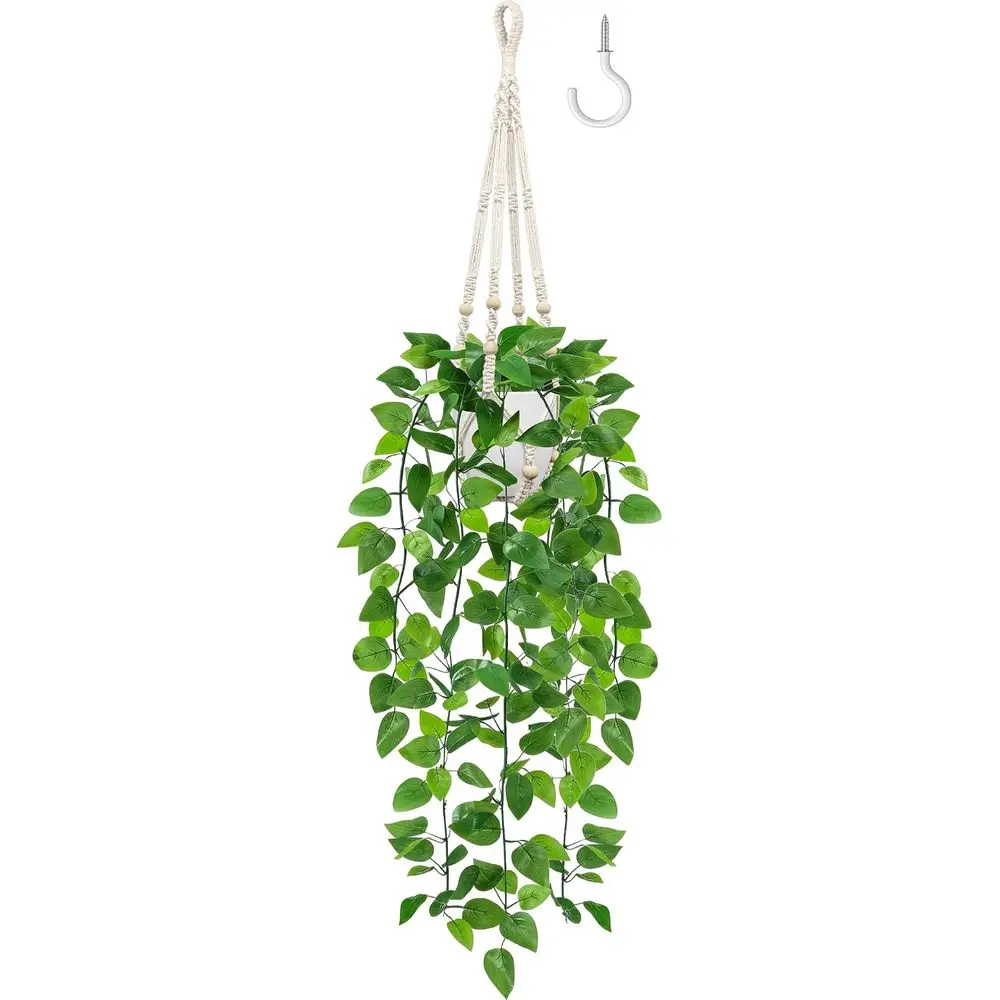 Hanging Plant, Artificial Pothos Vines Greenery with Pot and Plant Hanger or Indoor Outdoor Boho Decor