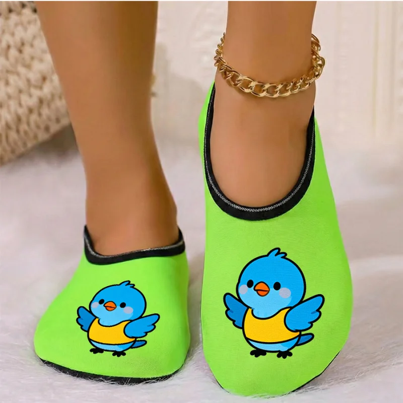 

Four season wearable couple cartoon bird print with thin velvet lining, breathable, high elasticity, anti slip floor slippers