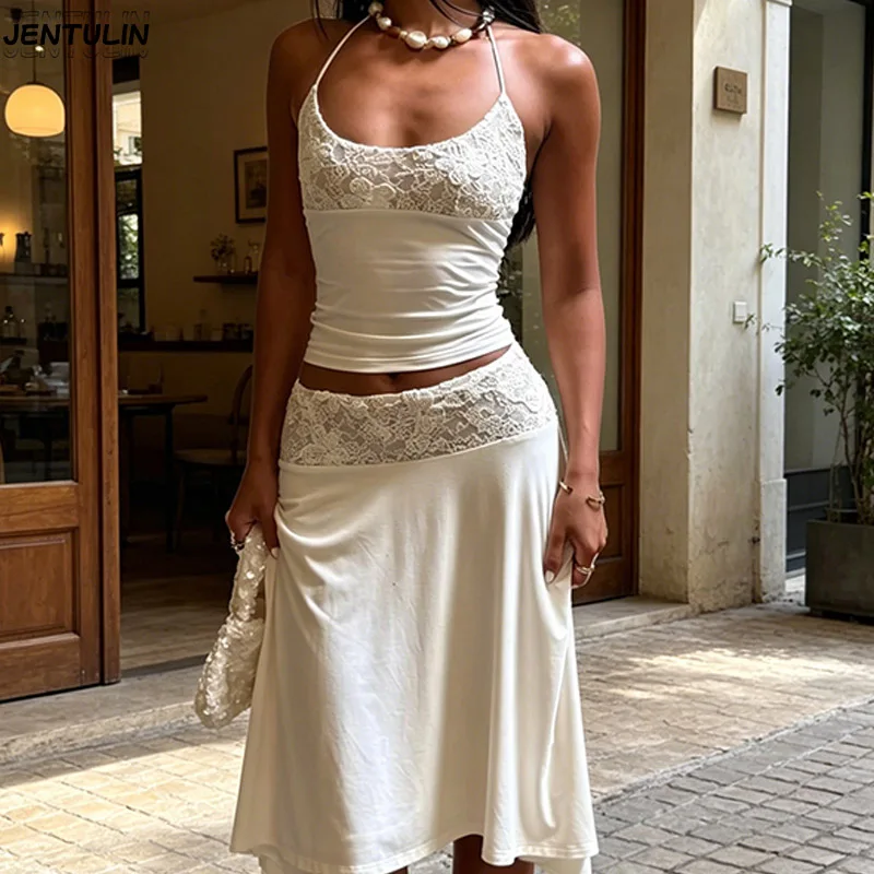 Women's Casual Suit Sleeveless Lace Patchwork Camisole Top Cross-Border Popular Half Skirt Set For Women Clothing