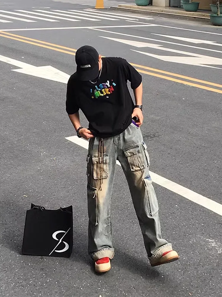 

Американские ретро рабочие джинсы, мужские весенне-осенние уличные ленивые свободные широкие брюки, прямые джинсы свободного покроя