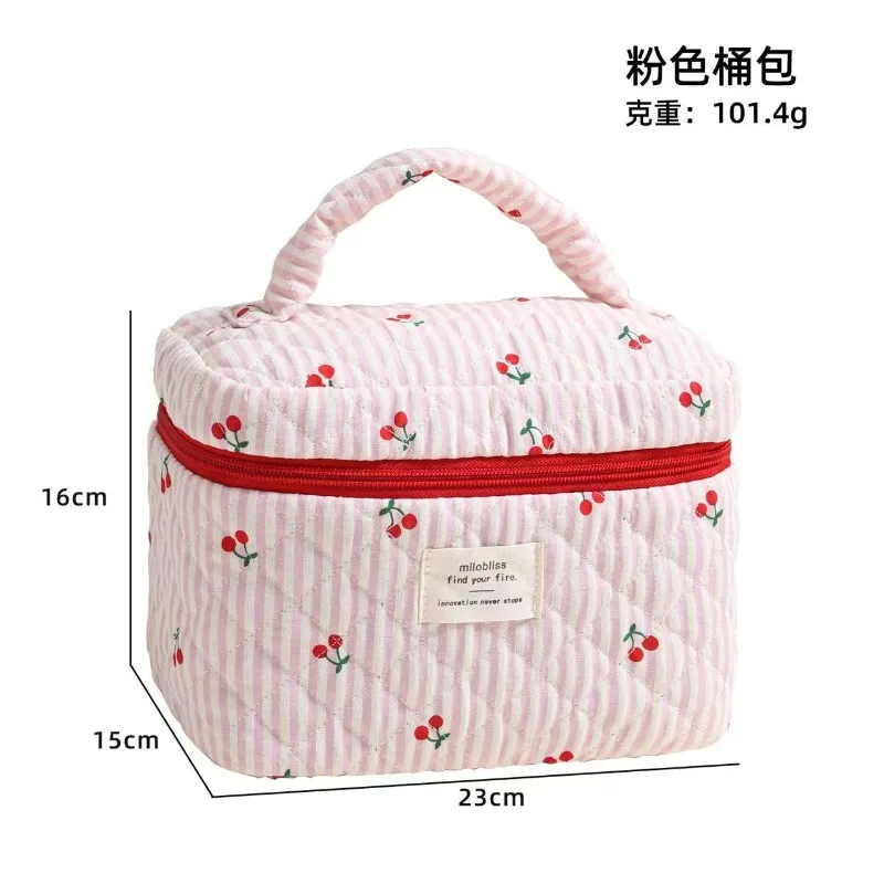 Koreanische Version Ins Rote Kirsche Print Gesteppte Kosmetiktasche Gestreift Dreifarbig Vielseitige Einfache Aufbewahrungstasche für Ausflüge und Reisen – Detail 10