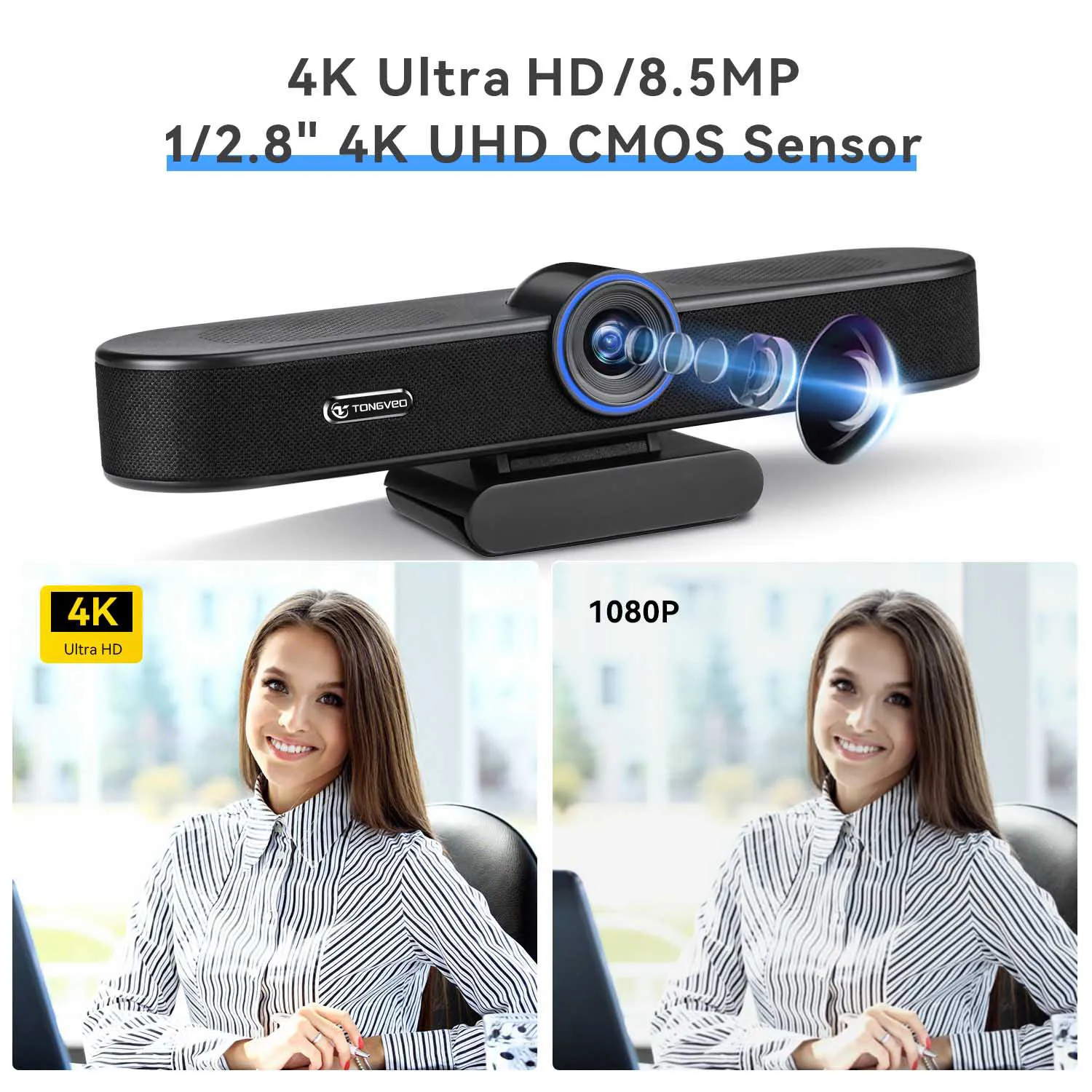 High Quality 4K Wide Angle AI Auto Framing Dual Mics Works 3-in-1 Video Audio Webcam Conference