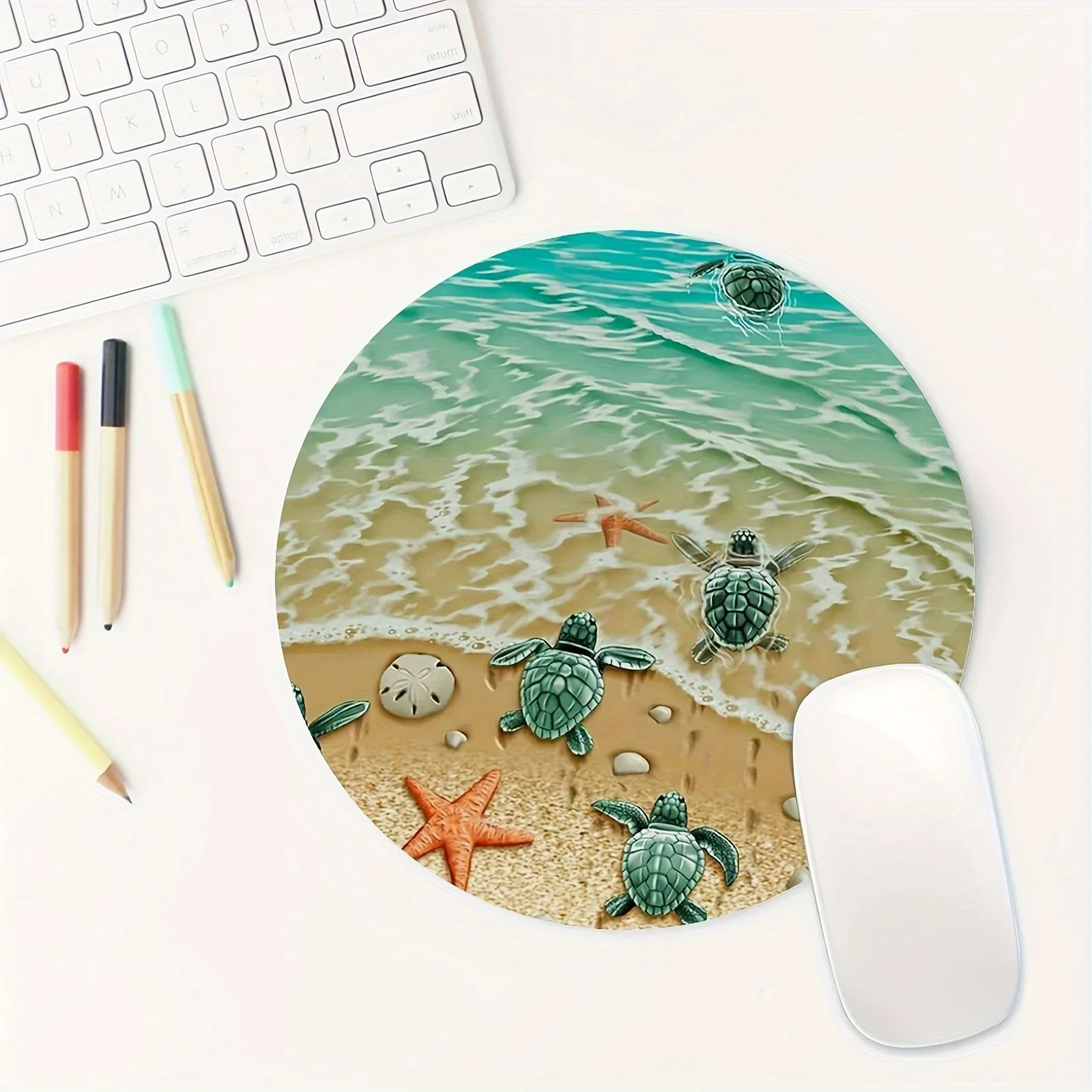 Adorable Turtle Starfish Round Mouse Pad Ocean Non Slip Turtle Decor Desk Mats Desk Interior Offices Accessories Laptop Setup