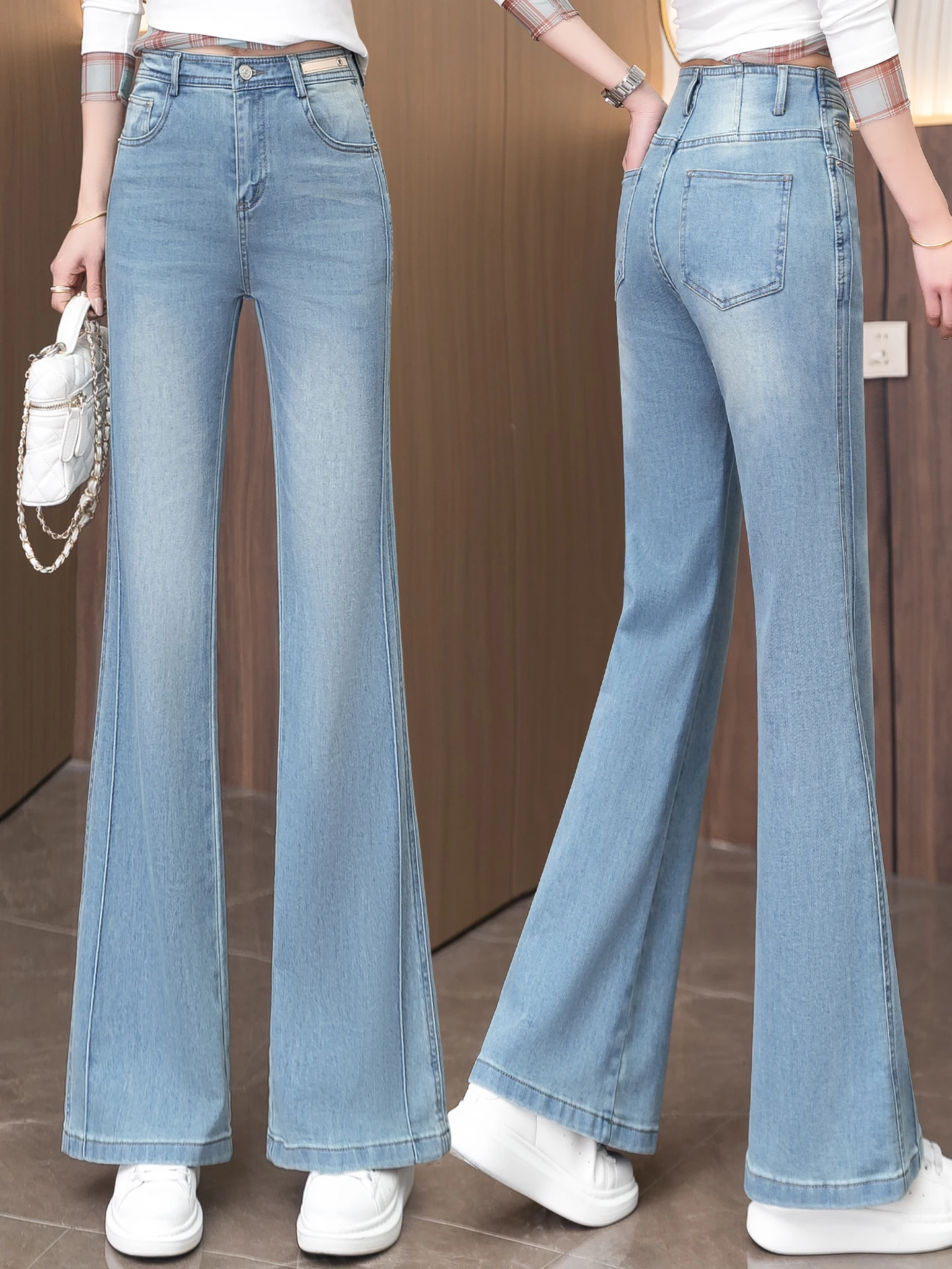 

Светло-голубые джинсы-клеш с высокой талией для женщин, весна-осень, новый стиль, облегающие, прямые, расклешенные, повседневные, из денима