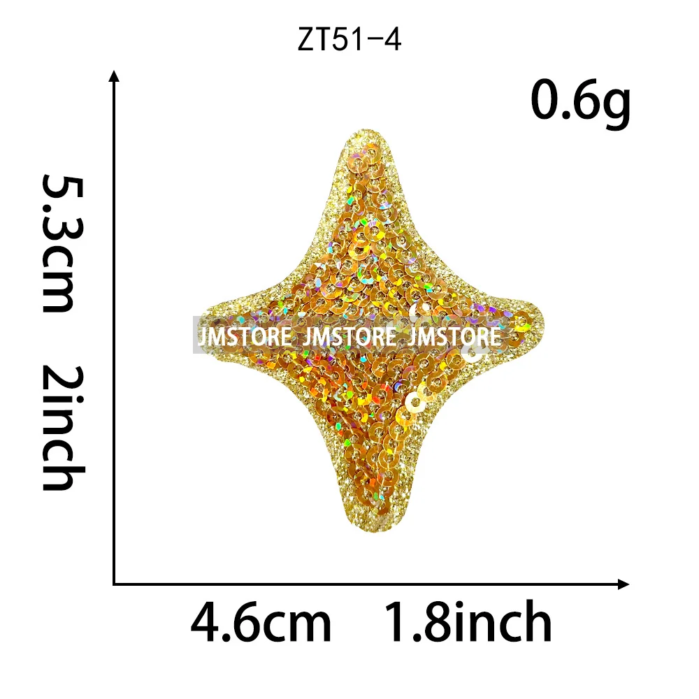 5pcs Colorful Rhombus Shaped Four Pointed Star Sequin Stickers Iron on 3D Small Emblem Embroidered Patches for T-shirts Hats Bag