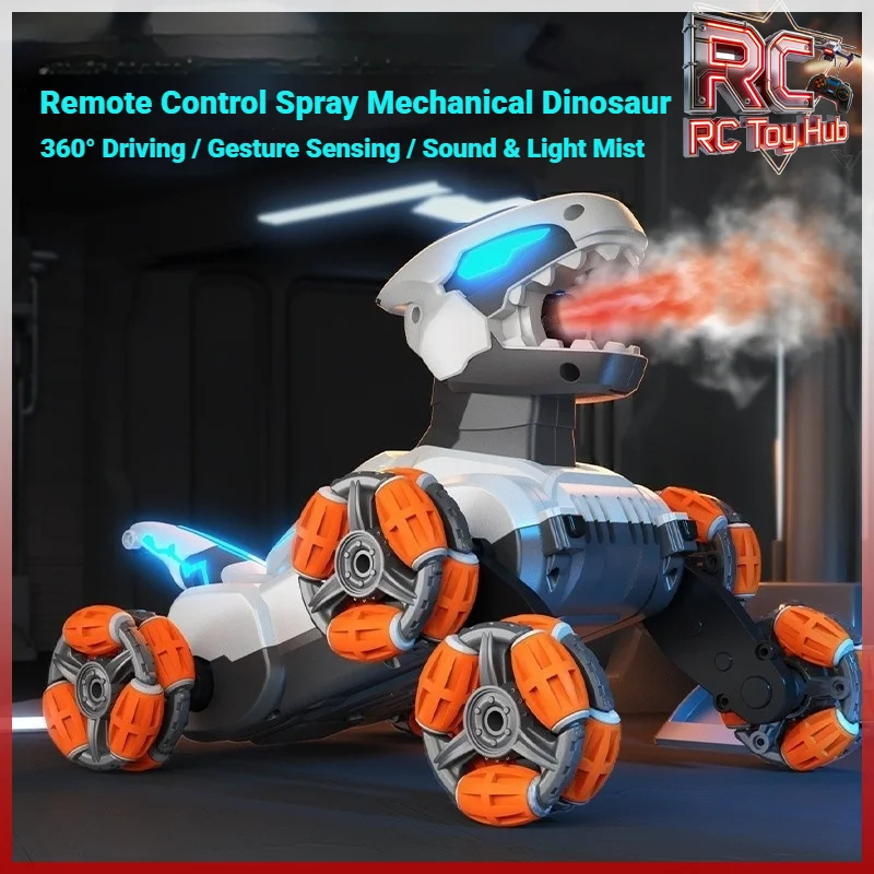 

New Gesture Sensing RC Mechanical Dinosaur 8-Wheel Stunt Car with Lights Music Spray Drift 360° Rotation Rechargeable Vehicle