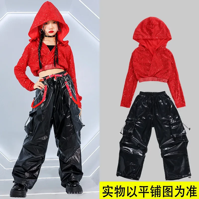 Meninas lantejoulas colheita hoodies dança de rua calças de carga crianças hip hop saias jazz shorts conjuntos de roupas criança streetwear trajes k-pop
