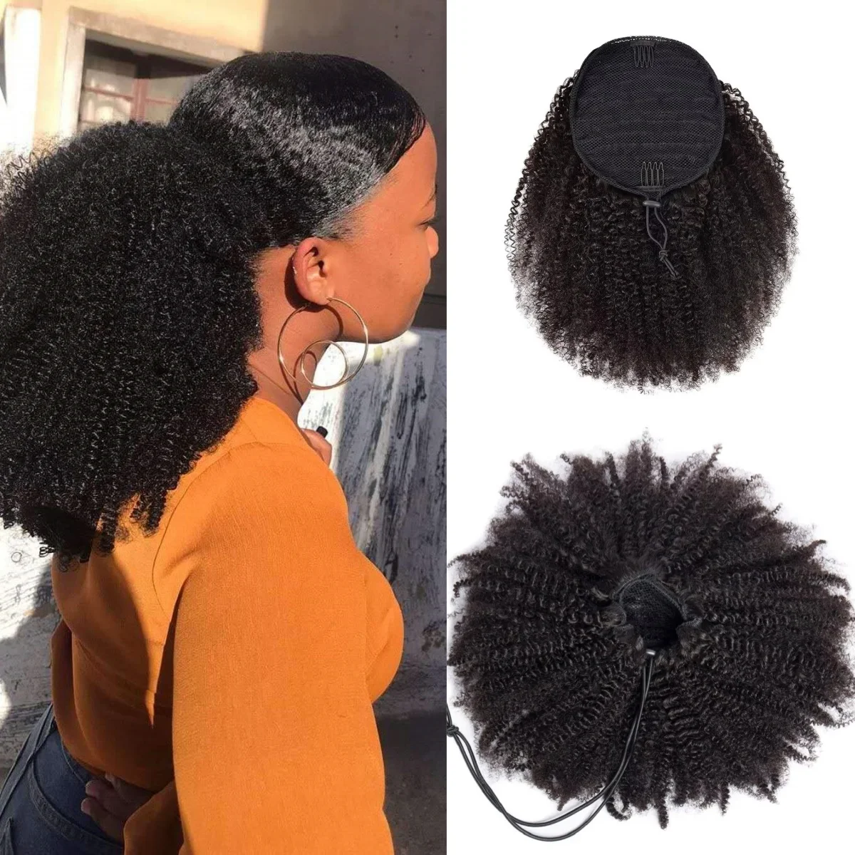 Afro Kinky Curly Drawstring Ponytail Human Hair Extensions Remy Mogolian Kinky Curly Hair Pieces Clip in Drawstring