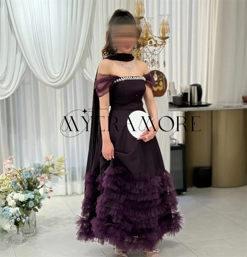 

Exquisite Purple Beaded Evening Dress Tulle Off the shoulder A-Line Tiered Ruffle Birthday Party Prom Gown Customized