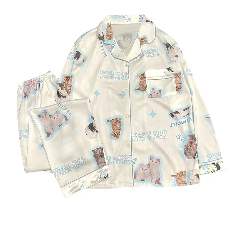 Spring Autumn Blue New Cartoon Cat Pajamas Cute Long Sleeve Pijamas Lapel Cardigan Home Clothes Kawaii Korean Ice Silk Pajama