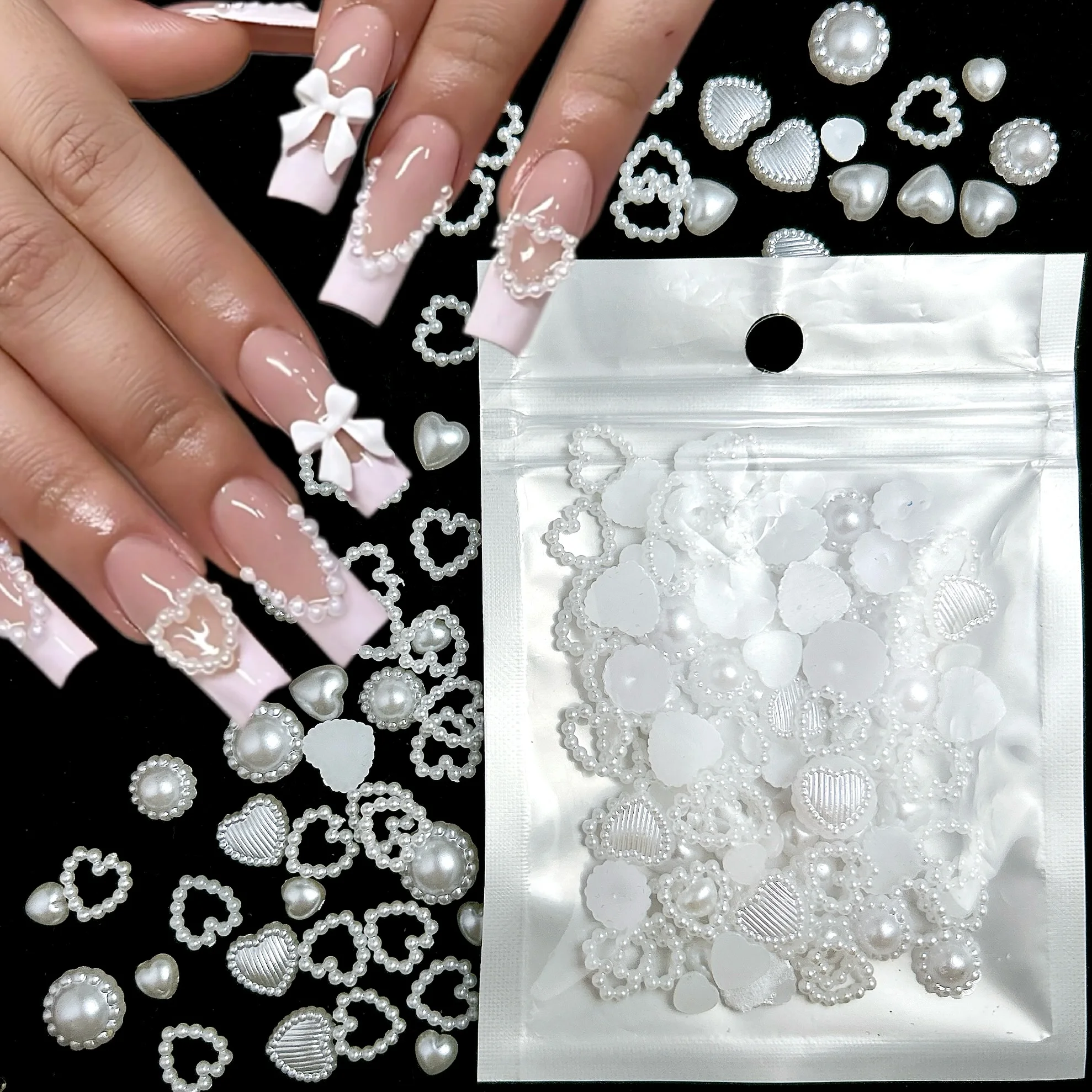 50PCS 미니멀리스트 솔리드 컬러 해바라기 라운드 네일 매력 현실적인 인공 진주 플랫 바닥 하트 네일 아트 장식 DIY