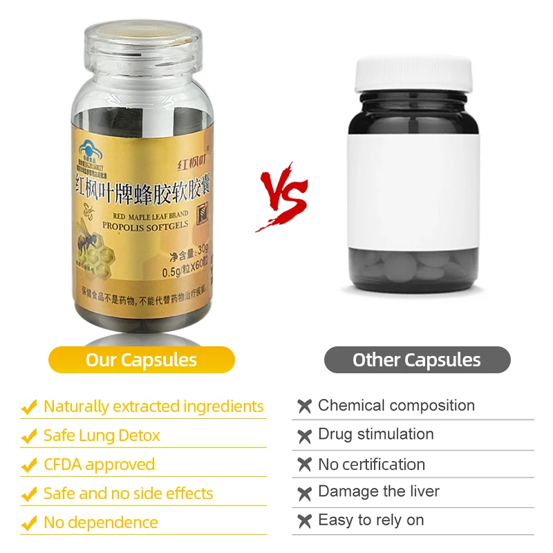 Smoke Lung Cleanse Detox Supplements Propolis Capsule Lungs Detoxification Pills Cleaner for Smokers Mucus Remover CFDA Approve