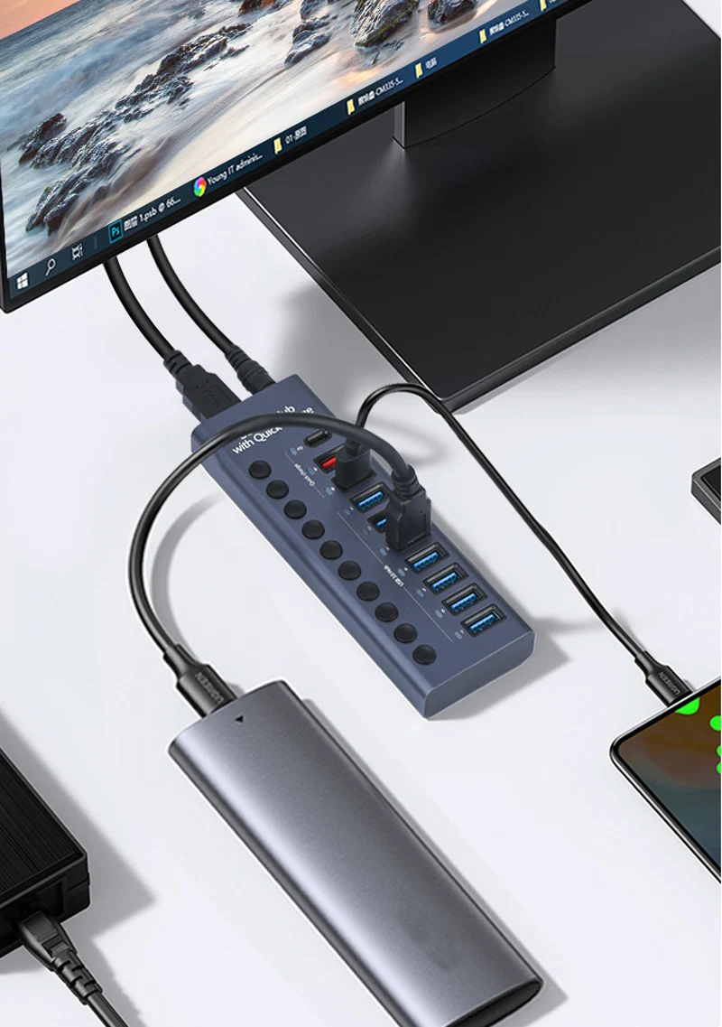 USB 3.0 Hub Socket Switch 10 Port Concentrator Multi-tap Multi-ports Docking Station Charger Multiple Power Supply Multicontacto