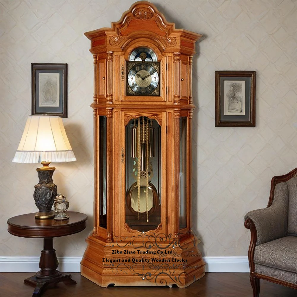 Antique Luxury Solid Wood Floor Clock Treasure Oak Finish Hermle German Mechanical Movement Hourly Chiming Durable
