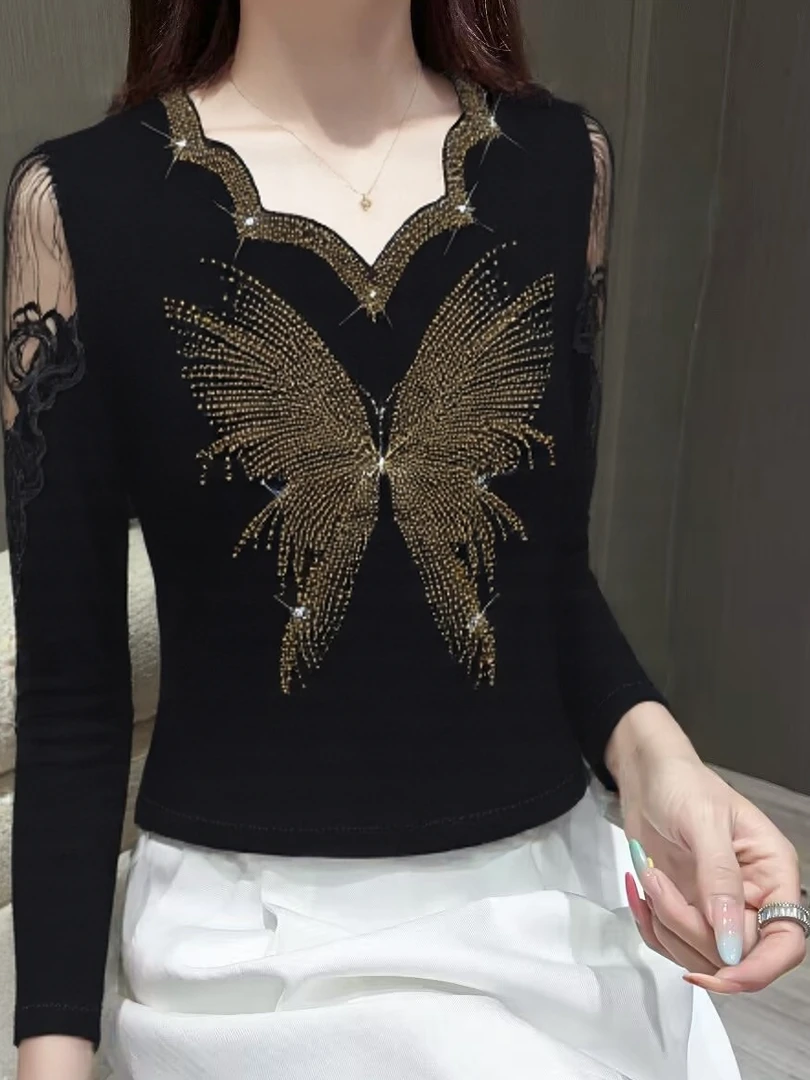 Faionable طويل Sve الدانتيل الحفر السيدات قاعدة irt التخسيس شخصية صغيرة أعلى المرأة T irt تخفيف Sle النسخة الكورية #3