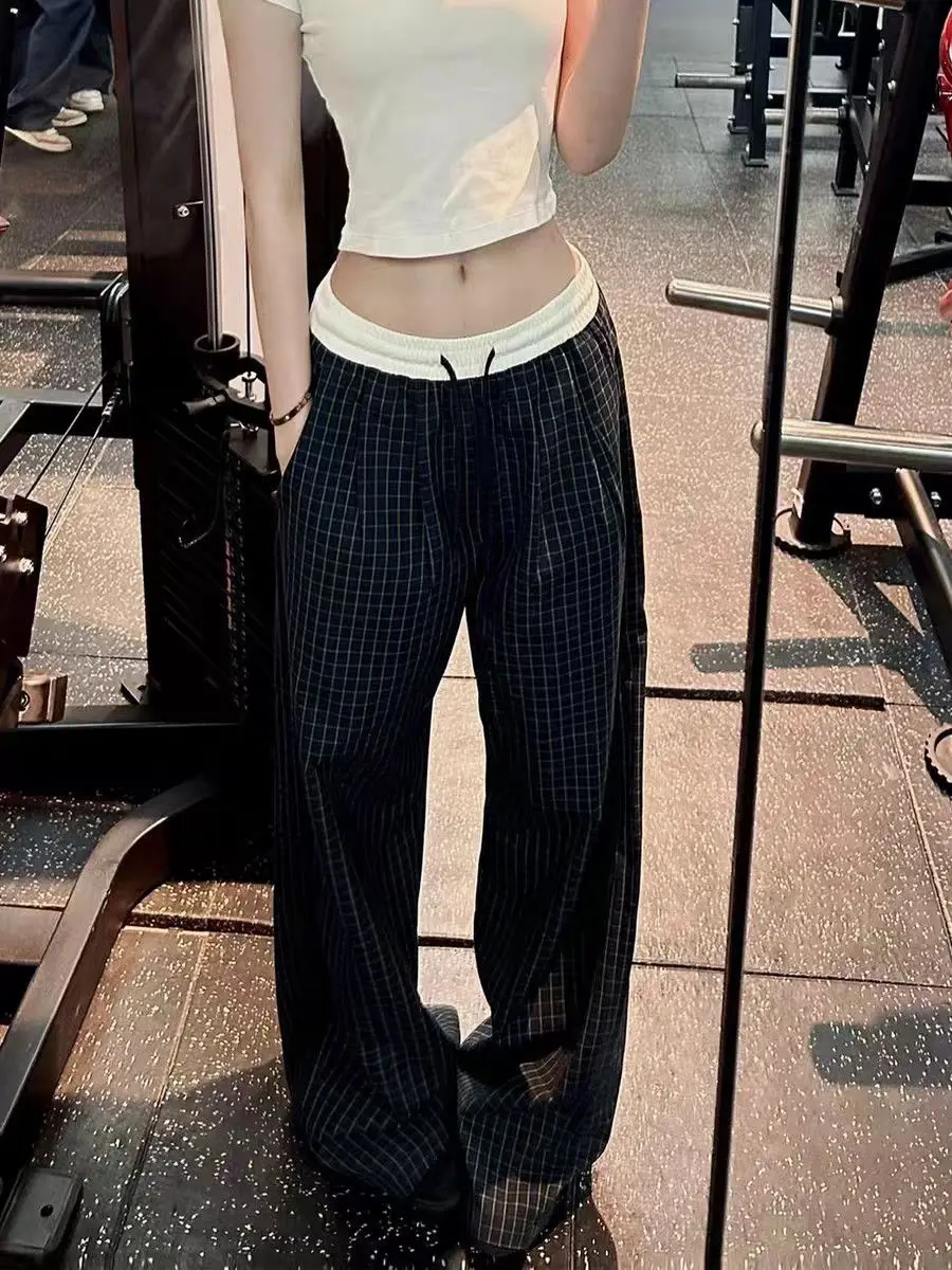 Women's Retro Checkered Pattern Hip-hop Wide Legs Cool Girl Sweatpants Casual Bottoms Summer Pants Female High Waisted Trousers