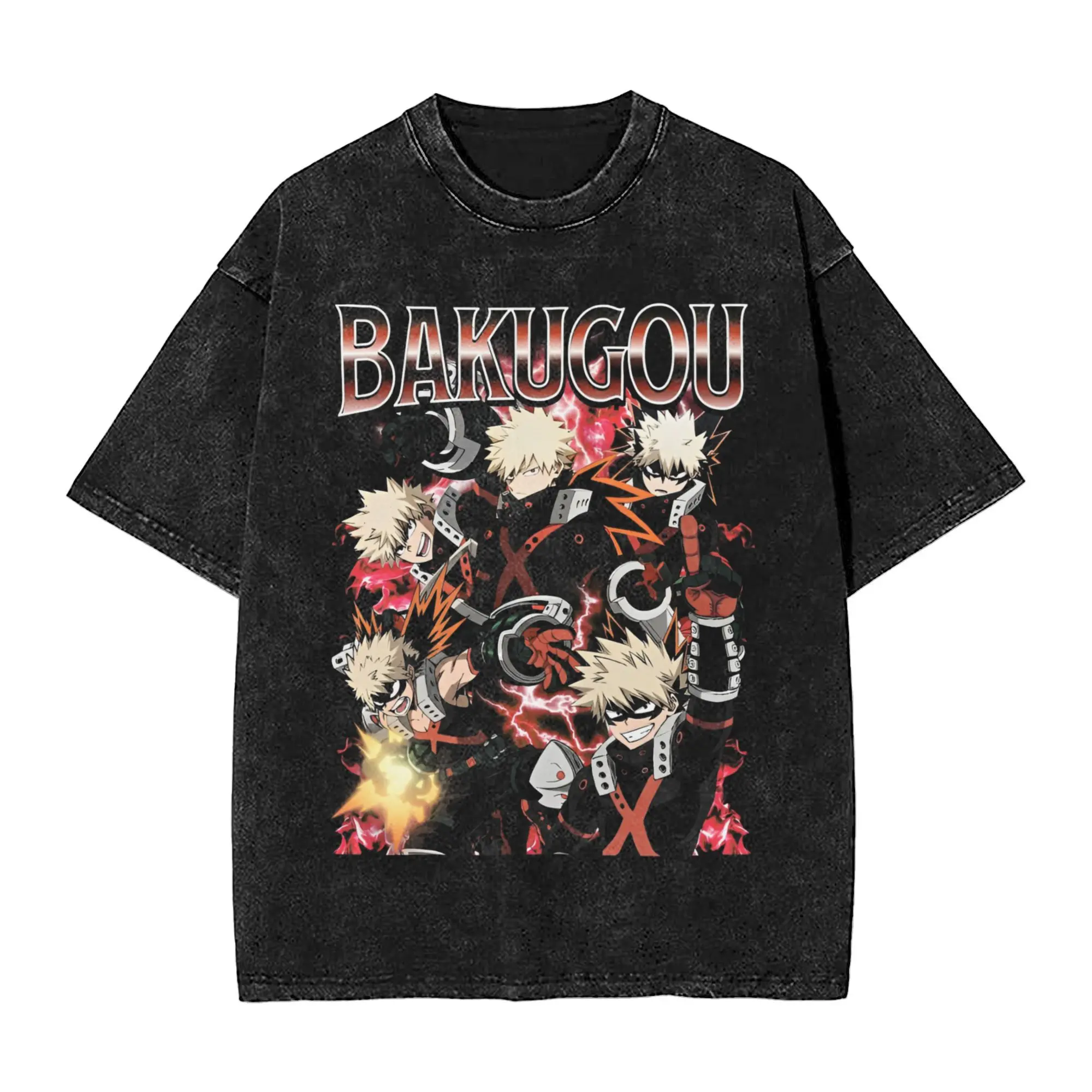 Katsuki Bakugo My Hero Academia Washed T Shirt Streetwear Hip Hop Vintage T-Shirt MHA Anime Tee Shirt Men Women Cotton Harajuku