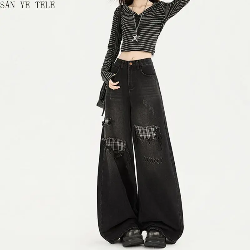 

Black Patchwork Plaid Jeans Women High Street Hot Girl Loose Floor-Length Wide Leg Pants Vintage Trendy High-Waisted Trousers