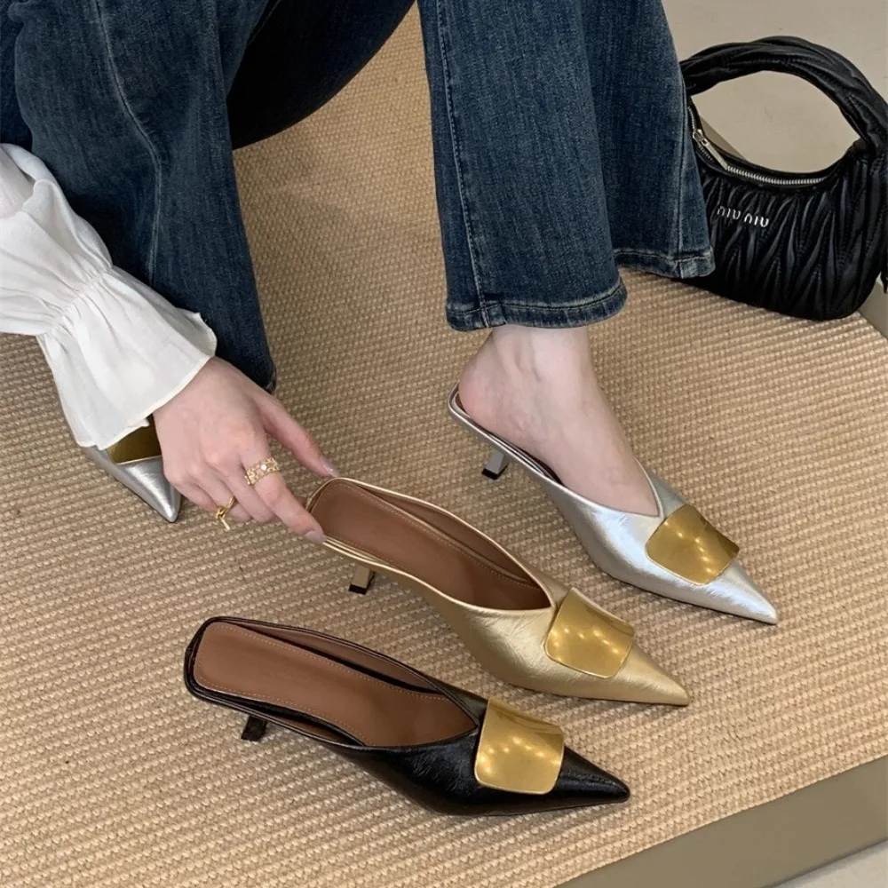 Women Slippers Designer Sandals Summer 2026 New Slides Non-slip Metallic Color Fashion Footwear Brand Pointed Toe Mules Ladies