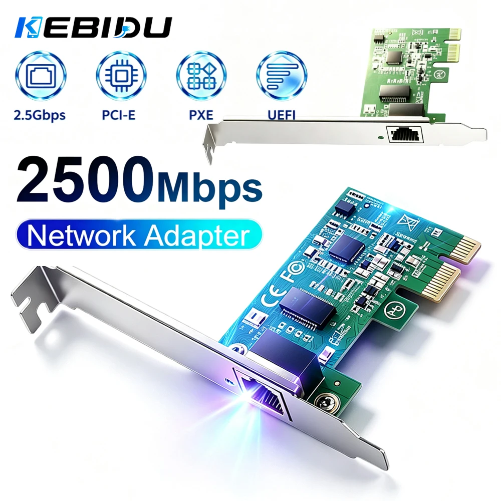 KEBIDU 2.5G PCI‑E X1 Ethernet Network Card AN8811PRN Chip 1000/2500Mbps RJ45 LAN Controller Adapter For Win10/11 Desktop