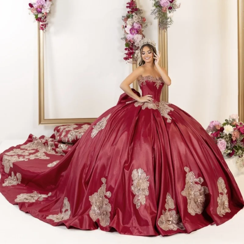 

Красное платье Quinceanera с открытыми плечами, кружевное платье с кристаллами и блестящими наклейками и бантом, платья de 15, Quinceanera ﻿ Настроить