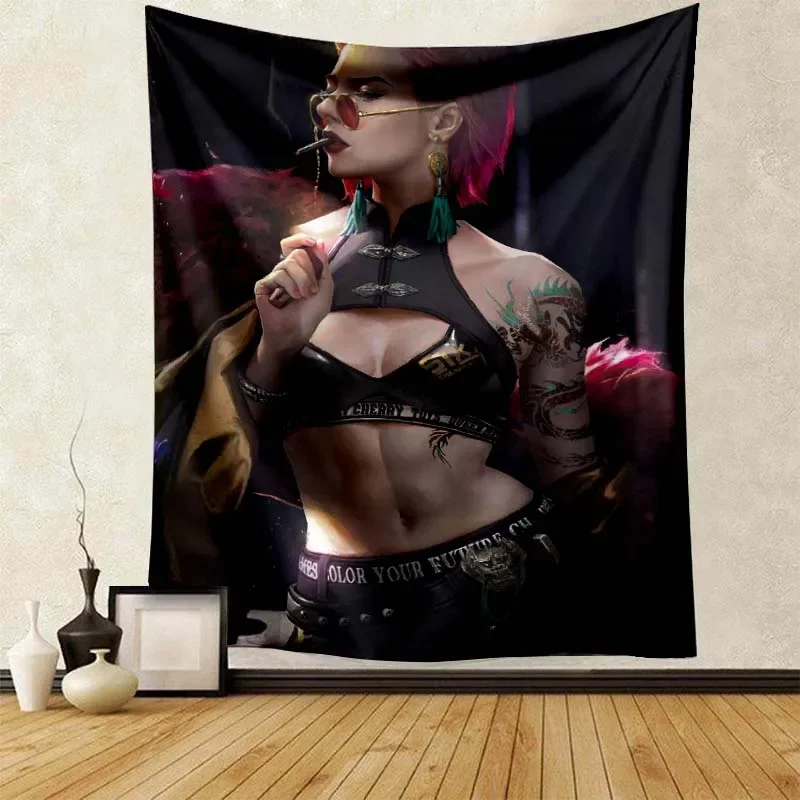 Anime Sexy Girl Tapestry Cyberpunk Mask Beauty Poster Printed Comic Character Wall Art Pictures Bar Room Decoration Aesthetic