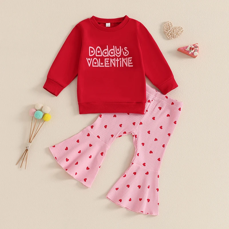 

1-4years Toddler Girl Fall Outfit Letter Print Long Sleeve Sweatshirt Heart Print Ribbed Flare Pants Valentines Day Clothes Sets