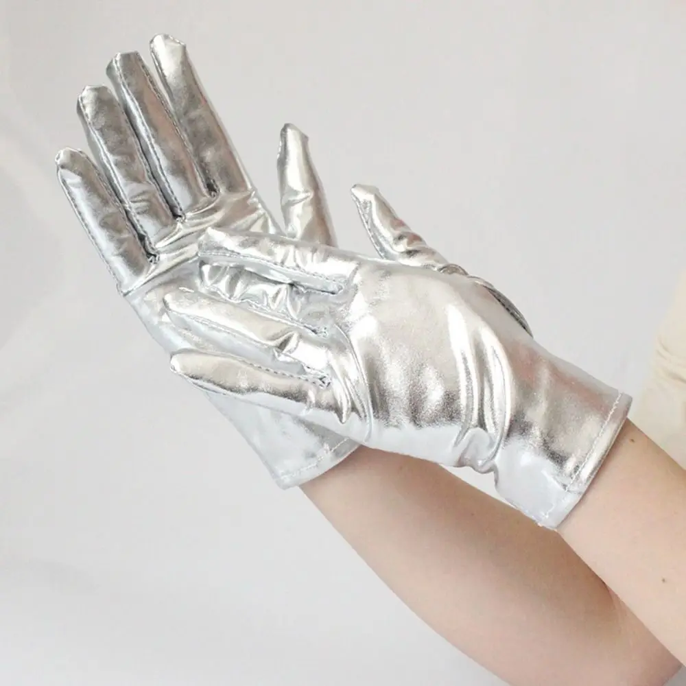 Gothic Shiny Bright Leather Gloves Long/Short Gold Silver Color Etiquette Gloves Stage Performances Punk Mittens Cosplay