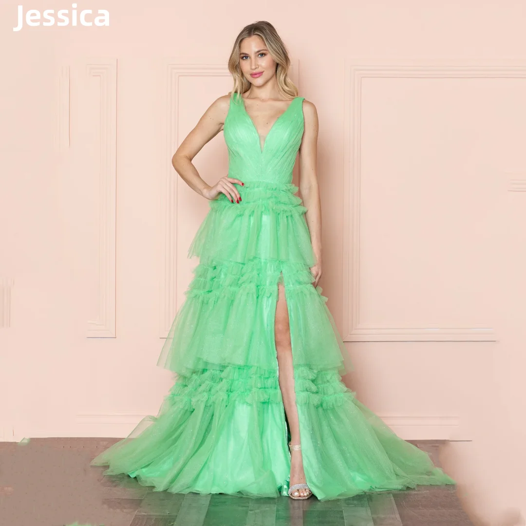 Jessica Green Fairy Prom Dresses Glitter Handmade Tulle Wedding Dress Evening Dresses Elegant Lady Wedding Formal Party Dress