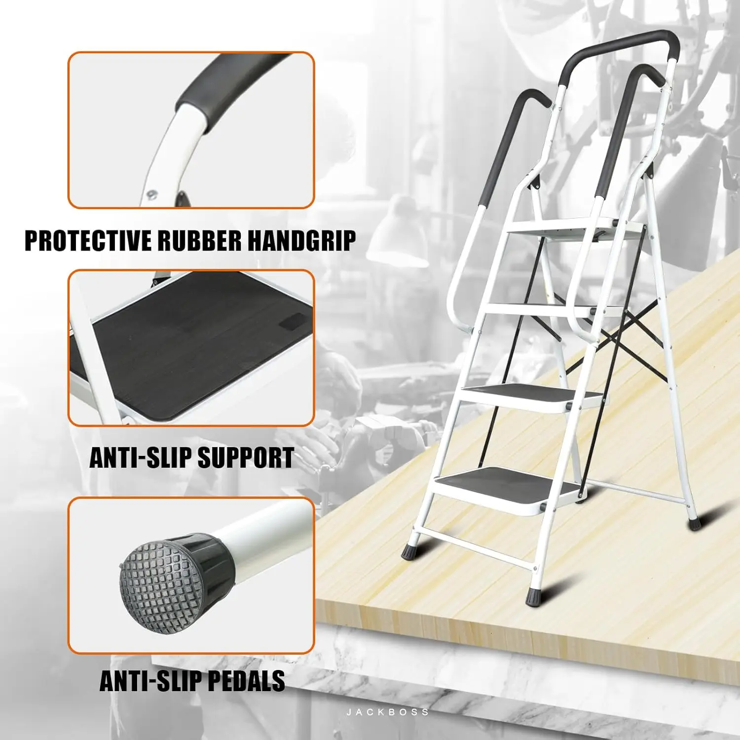 4 Step Ladder Folding Lightweight with Handrails Anti-Slip Pedal 400 lbs Capacity for Home Office Kitchen Garage