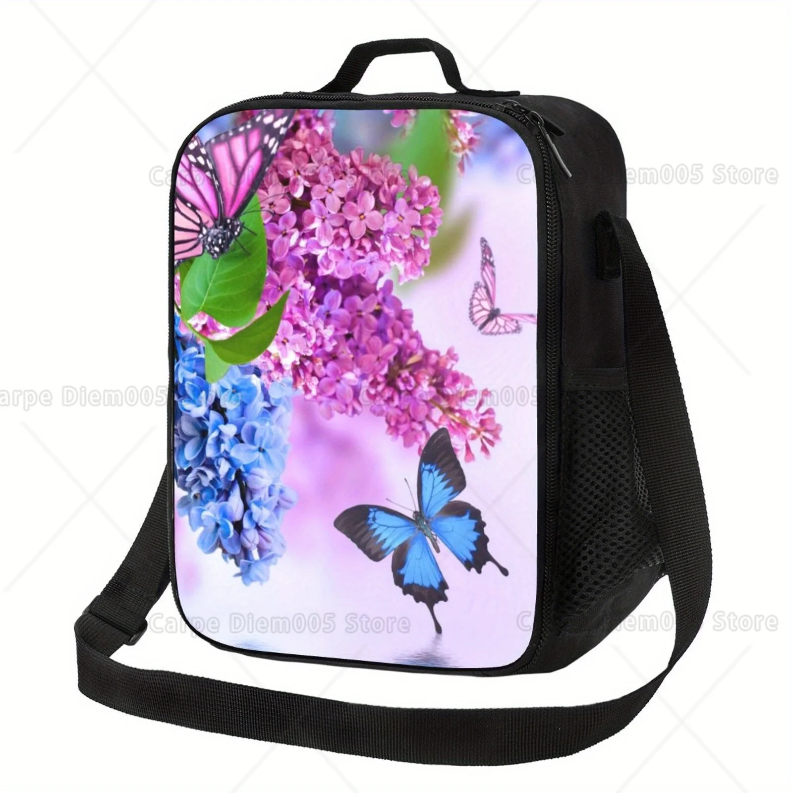 

1pc Floral Butterfly Lunch Bag - Non-Food Contact Thermal Tote with Purple Lilac Flowers & Blue Butterflies, Durable Polyester