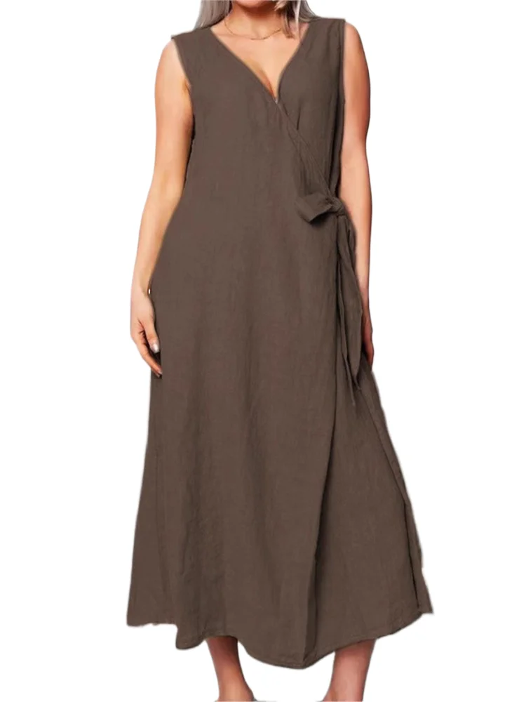 

Women's Solid Loose Dress Casual Sexy V Neck Sleeveless Spaghetti Strap Lace-up Dresses Lady Fashion Holiday Womens Clothing New