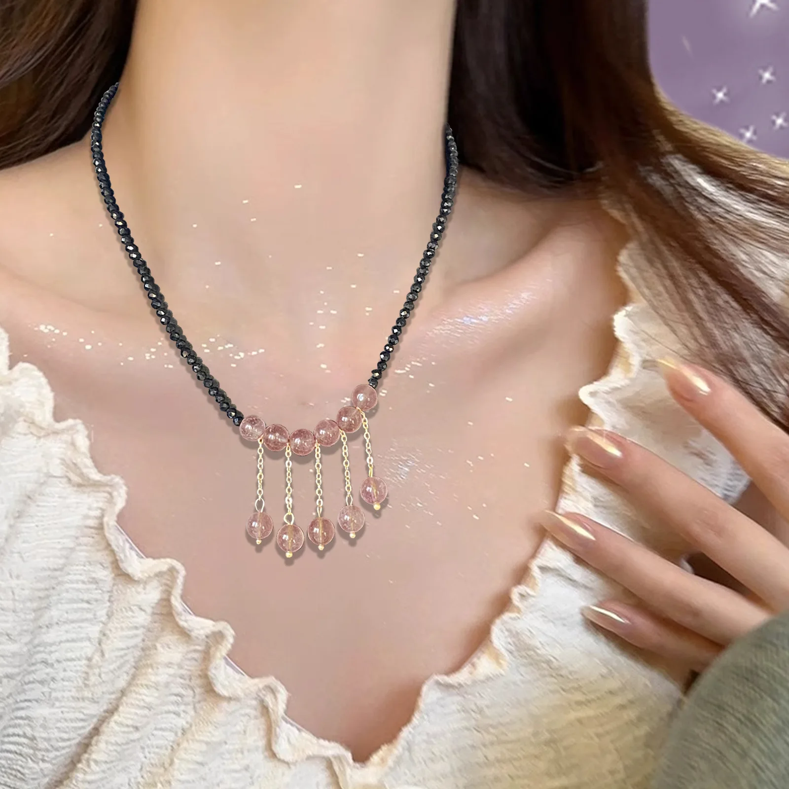 

French strawberry crystal transparent dark red embellished necklace collarbone chain fashionable niche design