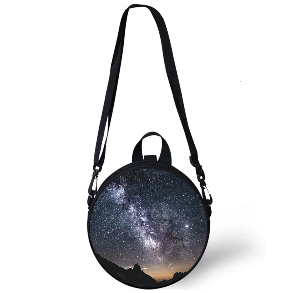 Céu estrelado visão noturna paisagem criança saco de jardim de infância impressão 3d sacos de ombro para a escola feminina mini bagpacks redondos rugtas saco