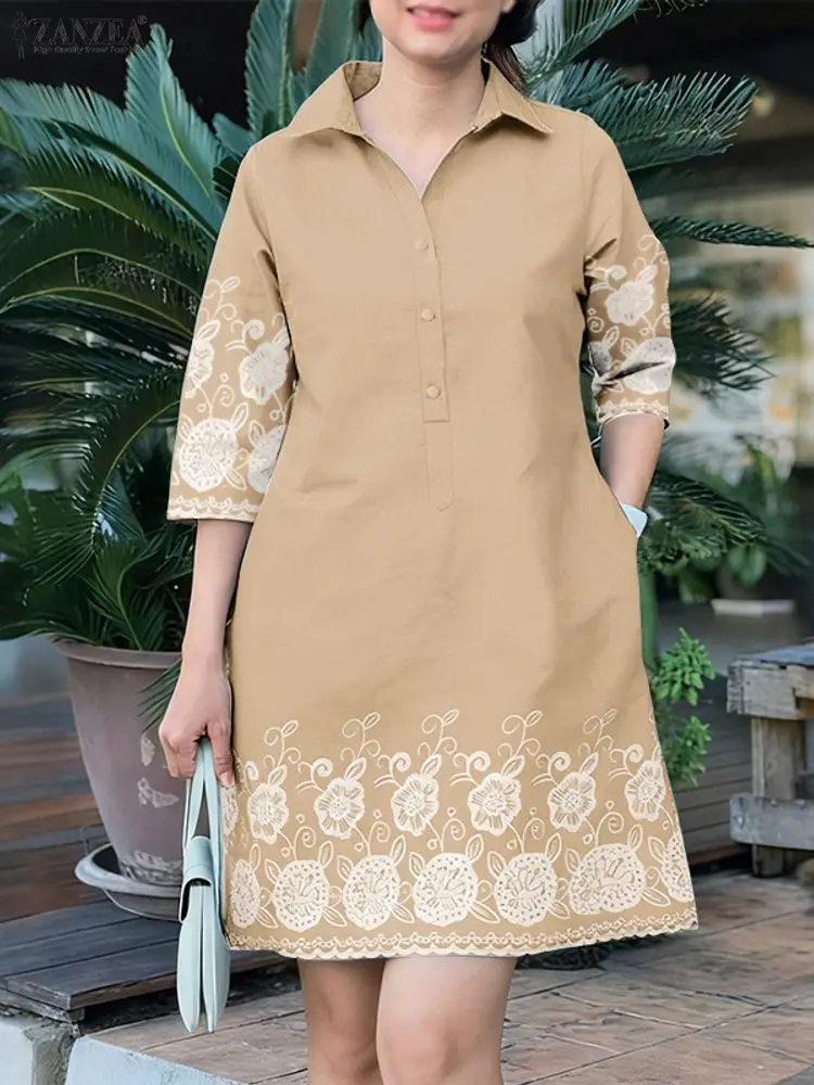 ZANZEA Abiti camicia casual con stampa floreale 2025 Colletto rovesciato autunnale Mezzo bottone Manica a 3/4 Abito corto Pendolarismo Abbigliamento quotidiano