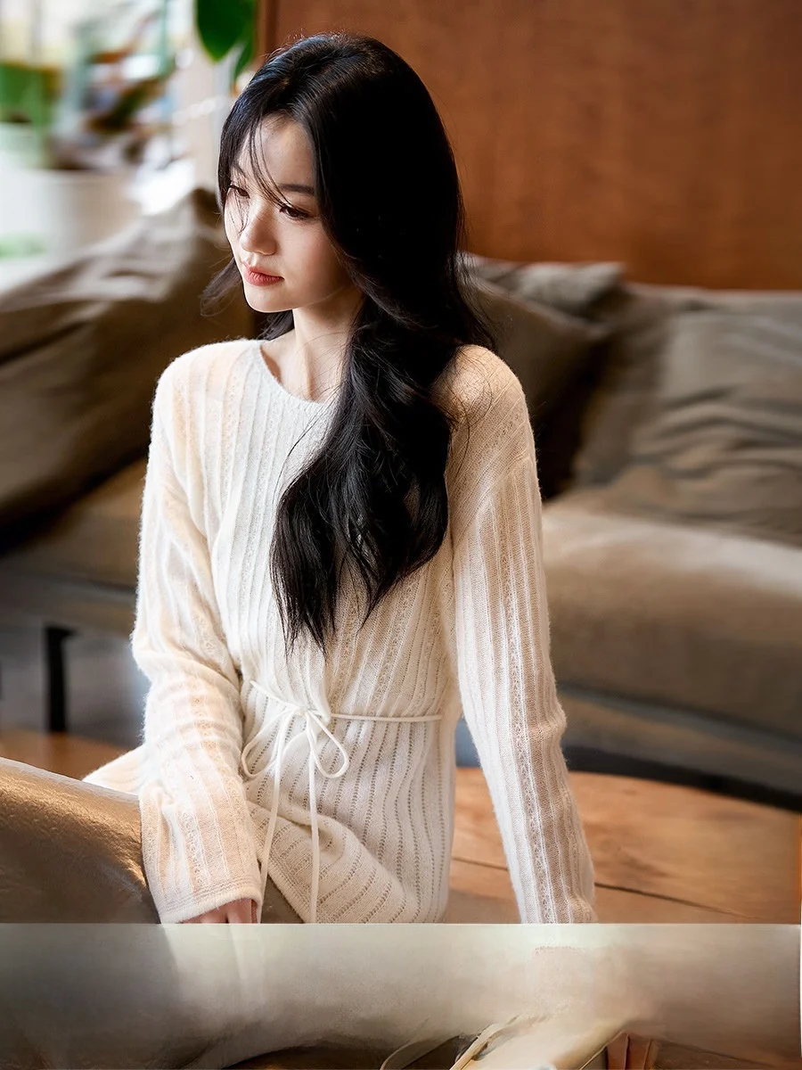 

Spring Early Cherry Blossom Lady Camere Knitted Sweater Women's Waist-Cinching Silk Wool Blend Long Sve Top