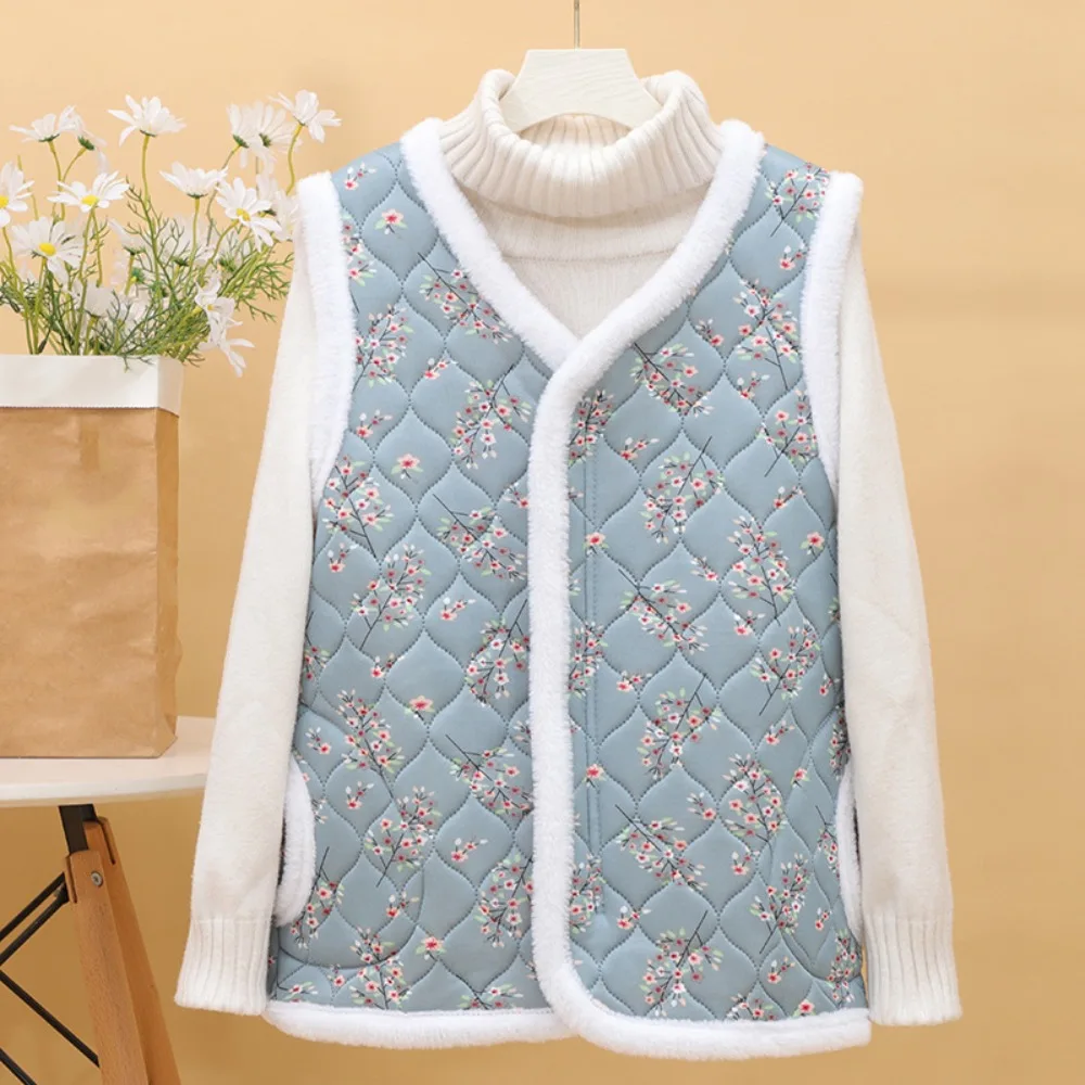 Basic Chinese Style Floral Plush Vest Sweet with Pockets Flower Sleeveless Coat Fleece Elderly Top Waistcoat Women Underwear