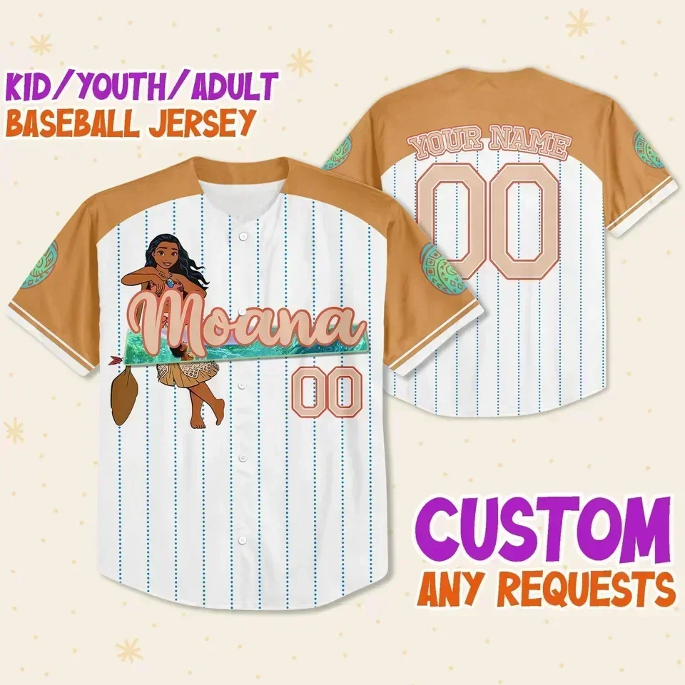 Disney Moana Princess Customized Name Baseball Jersey Outdoor Sports Style Casual Jersey Men\'s and Women\'s Personalized Tops