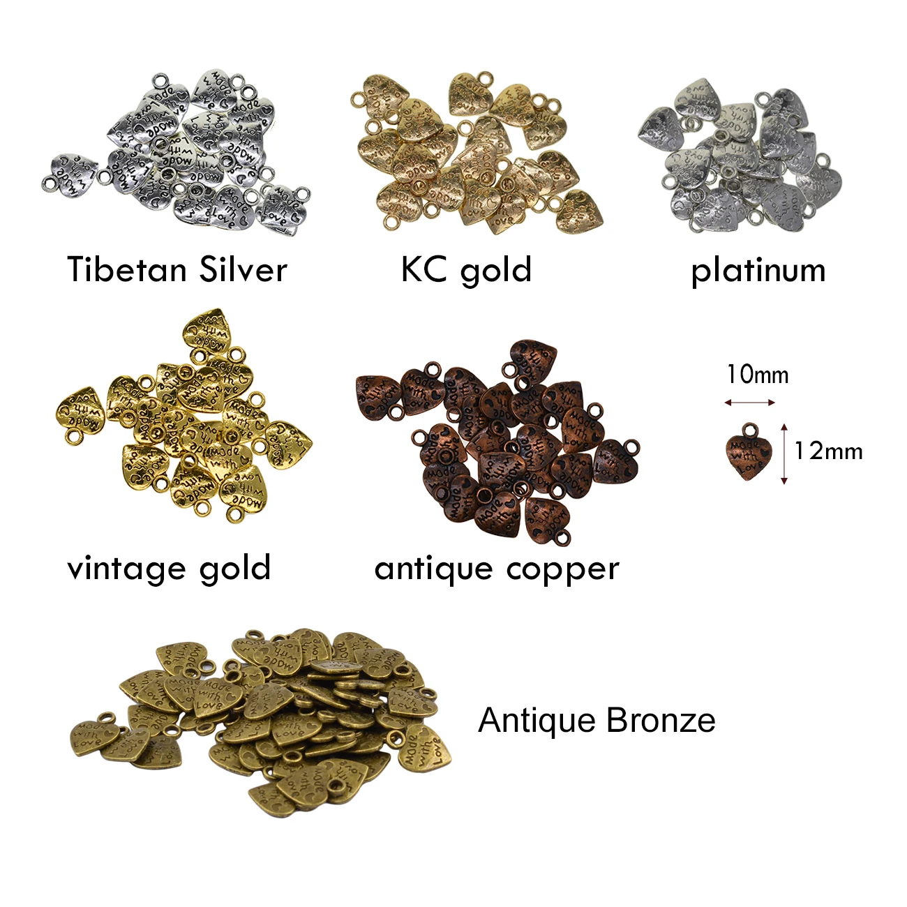 100 قطعة متنوعة الألوان الصغيرة الفضة التبتية خمر البرونزية النحاس الذهب صنع مع الحب القلب تسمية علامة السحر DIY بها بنفسك صنع