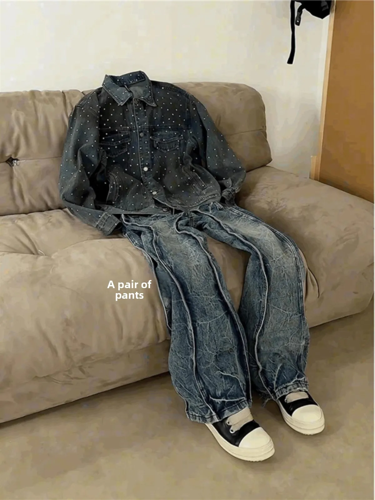 

Heavy Du Straight Leg Loose Fit Men's Jeans Retro American Lightning Pattern Wide Leg Pants Youth Trendy Cotton Polyester B...