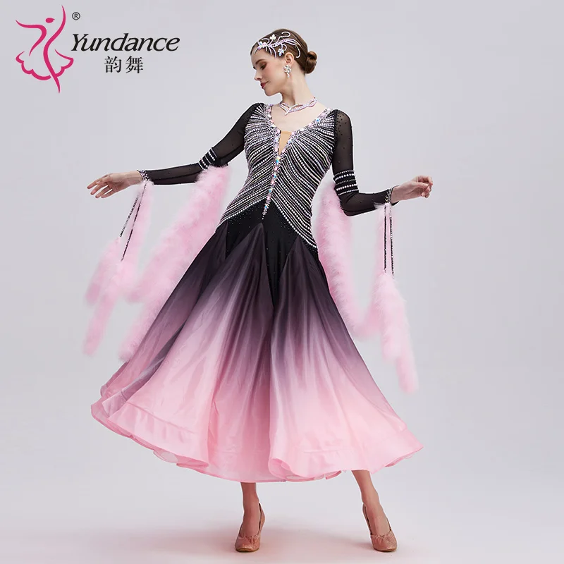 

B-24094 Custom Black Pink Gradient Pearl Silk International Standard Ballroom Dance Dress Hot Sale Sexy Dress for Competition