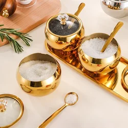 Gold and Silver Household Kitchen Condiment Pots for Serving Sugar Pepper Salt Spice Stainless Steel Sugar Bowl with Lid & Spoon