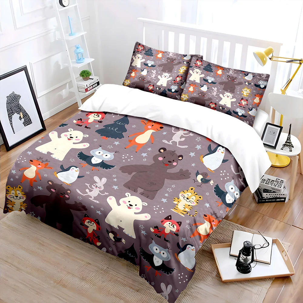 Cartoon Bear, Penguin, and Fox Print Bedding Set 1 Duvet Cover 2 Pillowcases for Adult and Children Luxury Gift Full Size