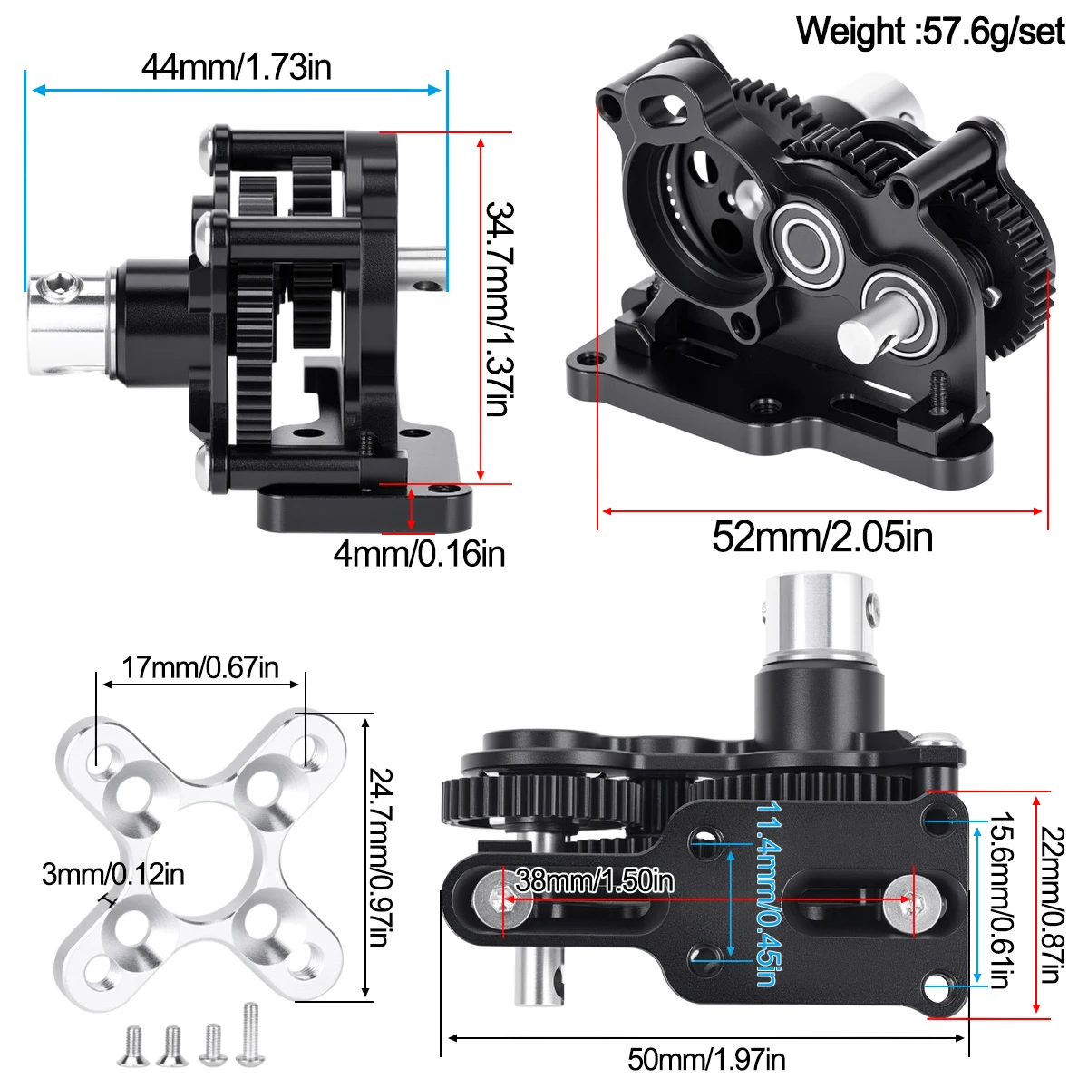 CNC Aluminum Gearbox OD-4 Transmission With Slipper Pad for 1/10 RC Crawler Car SCX10 II VS4-10 LCG Chassis Straight Axle