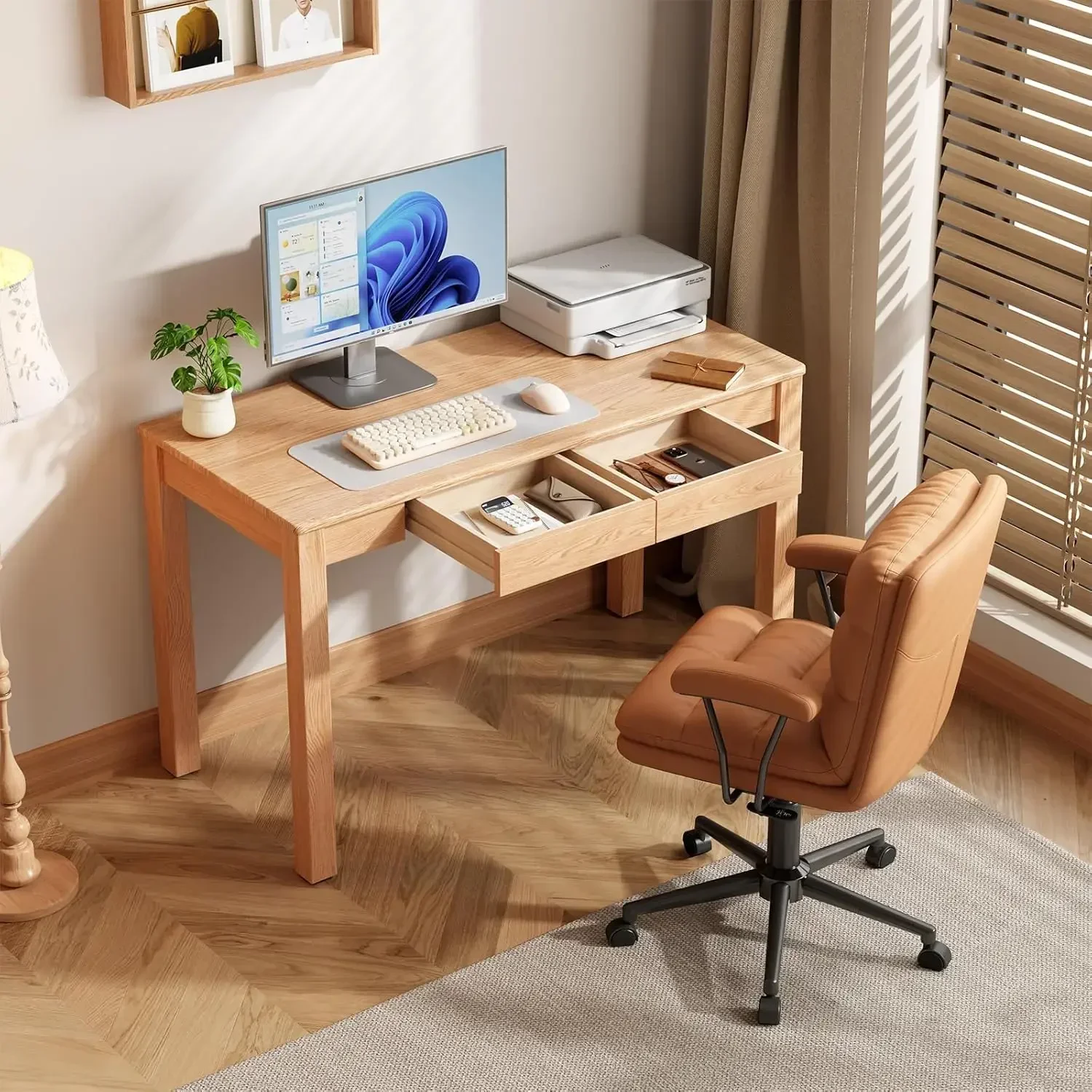 47Inch Solid Wood Desk Multi Purpose Home Office Study Gaming Table Computer Writing Desk Student Bedroom Natural Wood